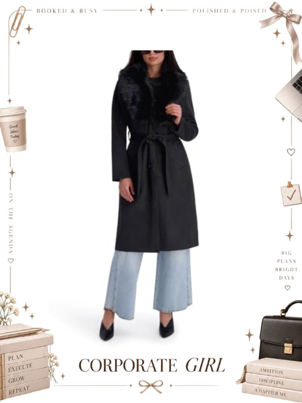 Faux Leather Faux Fur Belted Trench Coat - Women's Outerwear